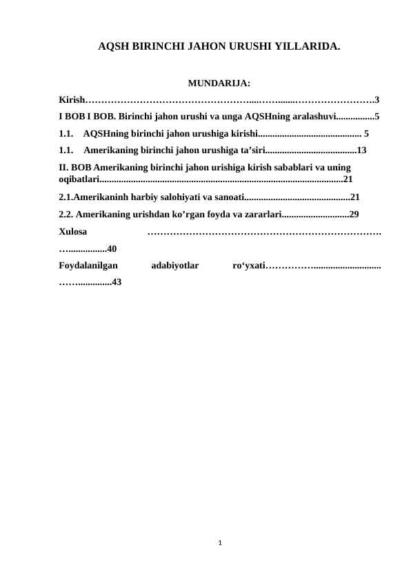 AQSH BIRINCHI JAHON URUSHI YILLARIDA.