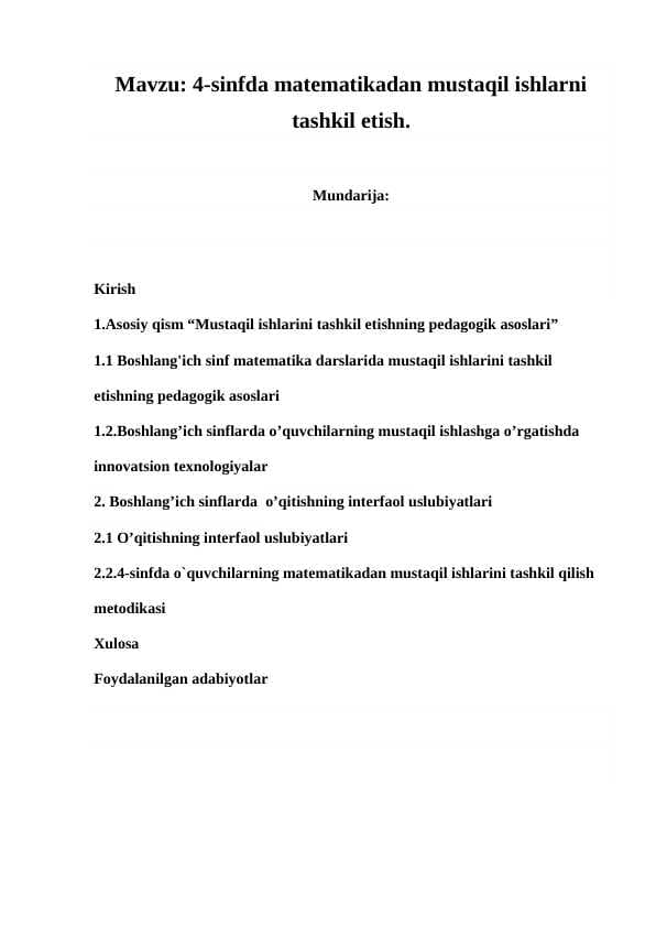 4-sinfda matematikadan mustaqil ishlarni tashkil etish.