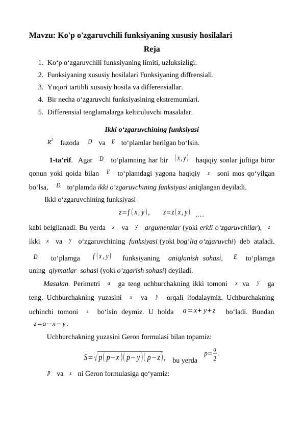 Ko'p o'zgaruvchili funksiyaning xususiy hosilalari