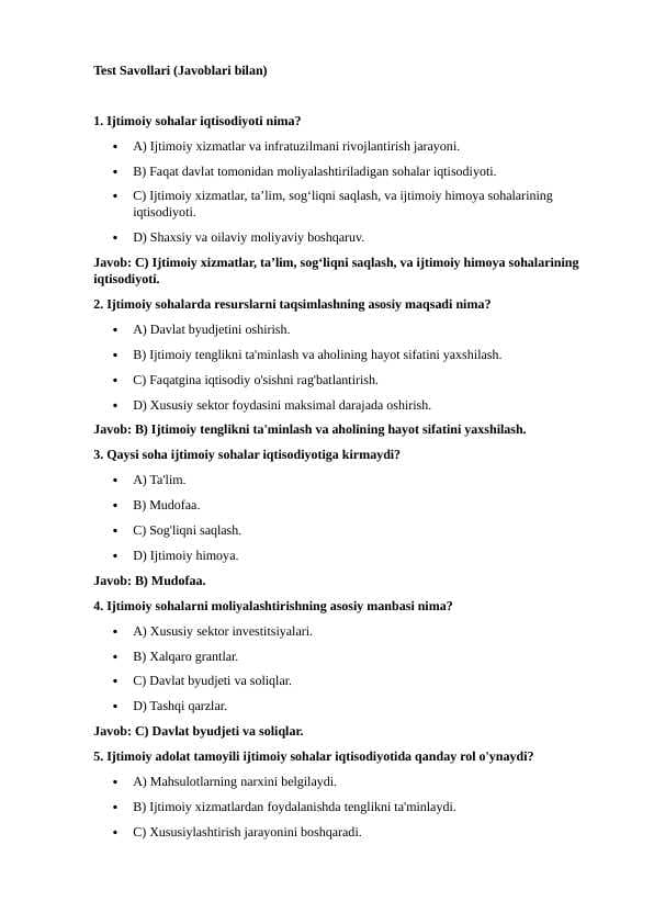 Ijtimoiy sohalar Test 100 ta