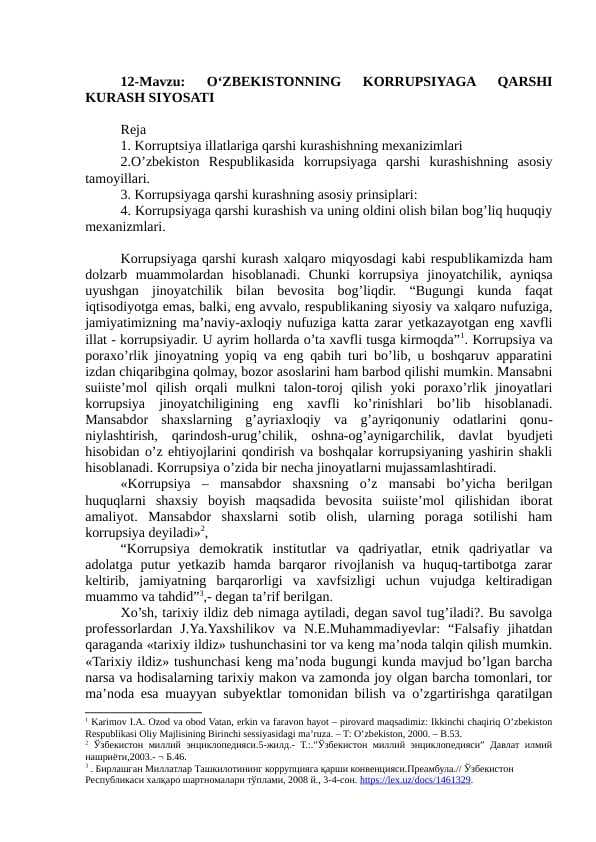 O‘ZBEKISTONNING KORRUPSIYAGA QARSHI KURASH SIYOSATI