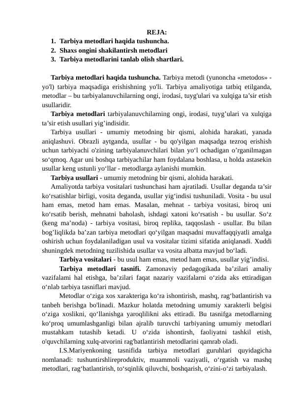 pedagogikada Tarbiyaning umumiy metodlari