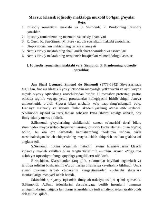 Klassik iqtisodiy maktabga muxolif bo‘lgan g‘oyalar