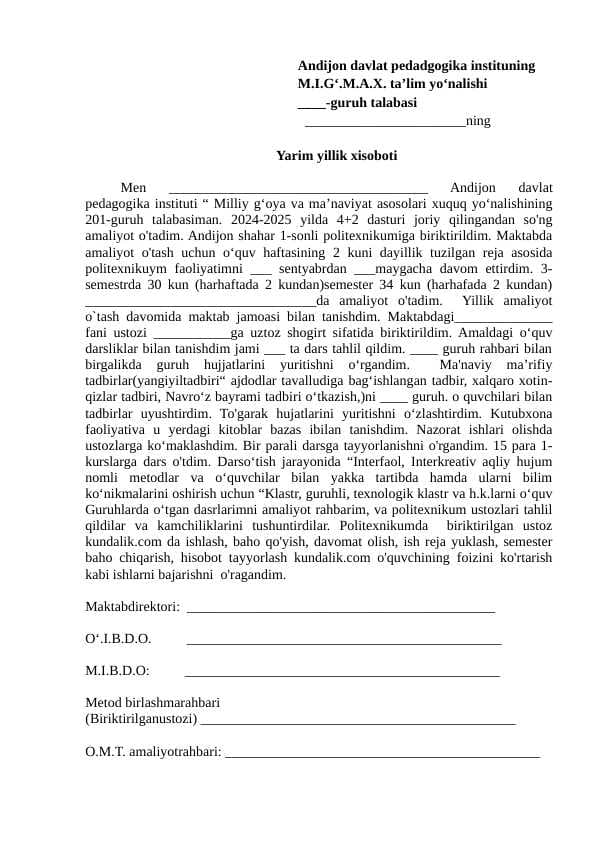 Amaliyotchi xisoboti