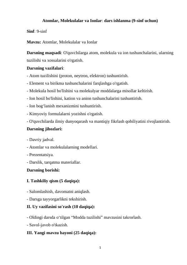 Atomlar, Molekulalar va Ionlar dars ishlanma.docx