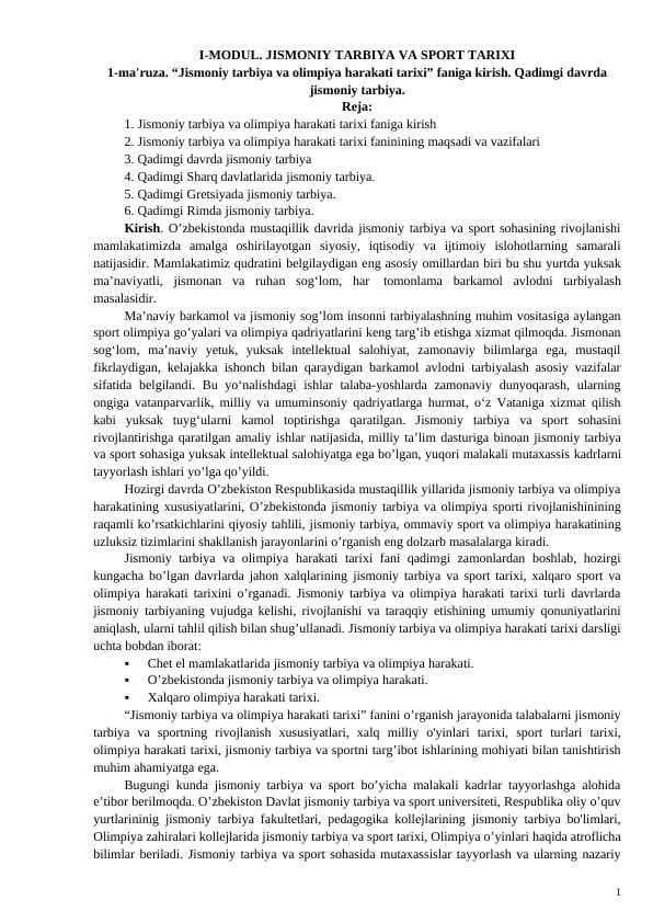 JISMONIY TARBIYA VA SPORT TARIXI