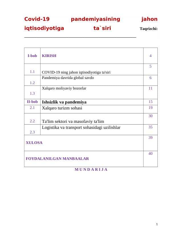 Covid-19 pandemiyasining jahon iqtisodiyotiga ta`siri