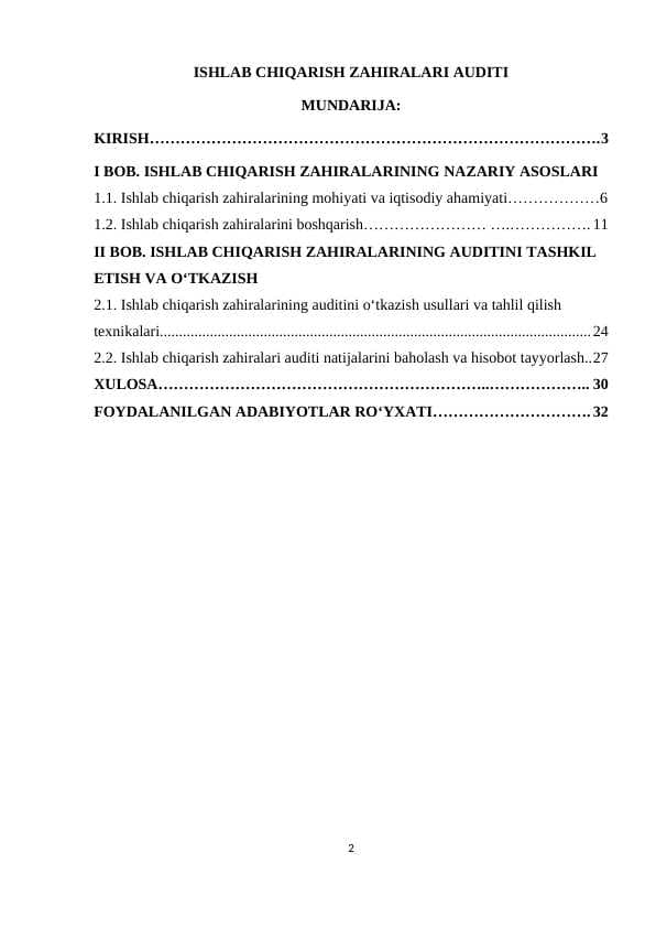 ISHLAB CHIQARISH ZAHIRALARI AUDITI