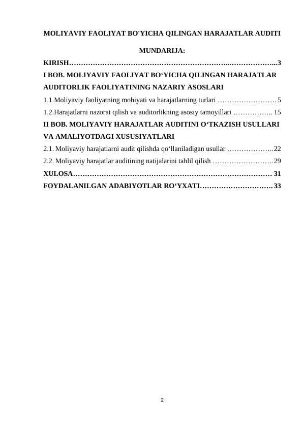 MOLIYAVIY FAOLIYAT BO'YICHA QILINGAN HARAJATLAR AUDITI