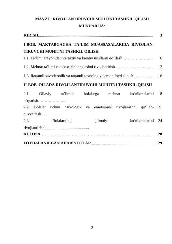 Rivojlantiruvchi muhitni tashkil qilish