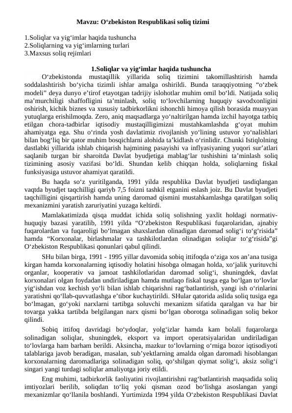 O‘zbekiston Respublikasi soliq tizimi