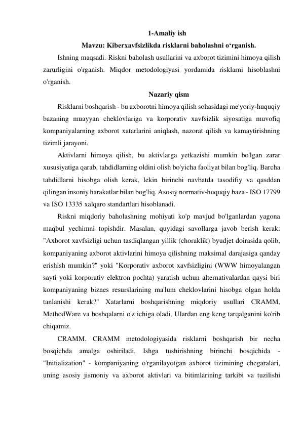 Kiberxavfsizlikda risklarni baholashni o‘rganish