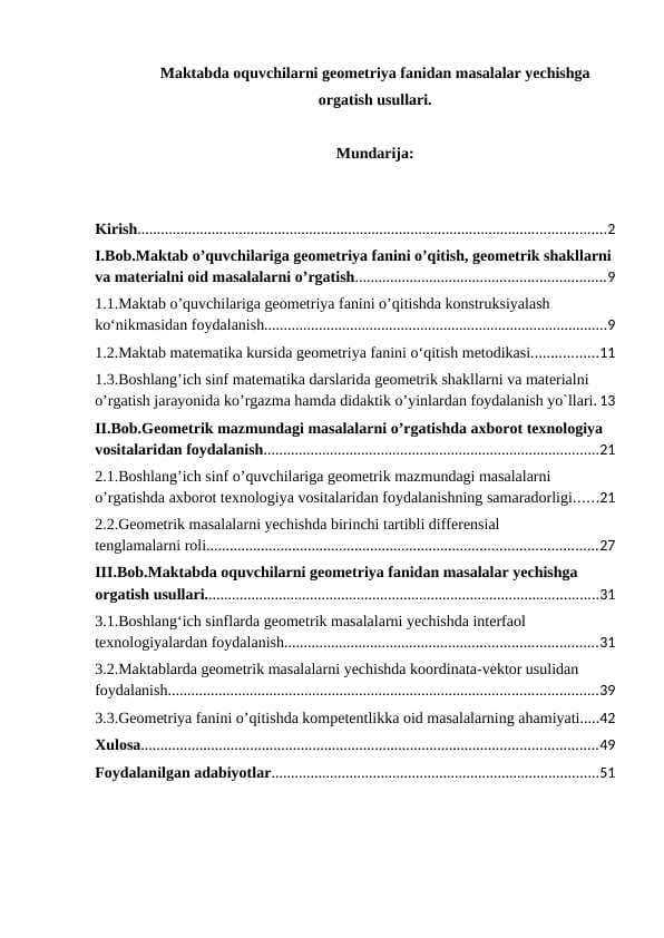 Maktabda oquvchilarni geometriya fanidan masalalar yechishga orgatish usullari.