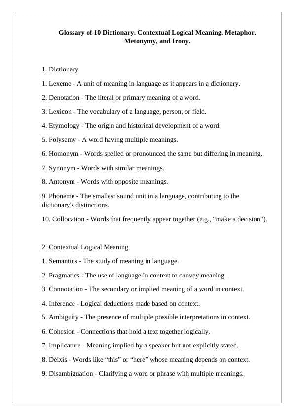 Glossary of 10 Dictionary, Contextual Logical Meaning, Metaphor, Metonymy, and Irony.