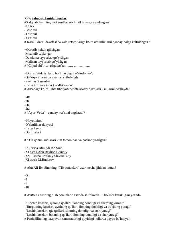 Xalq tabobati fanidan testlar javoblari bilan