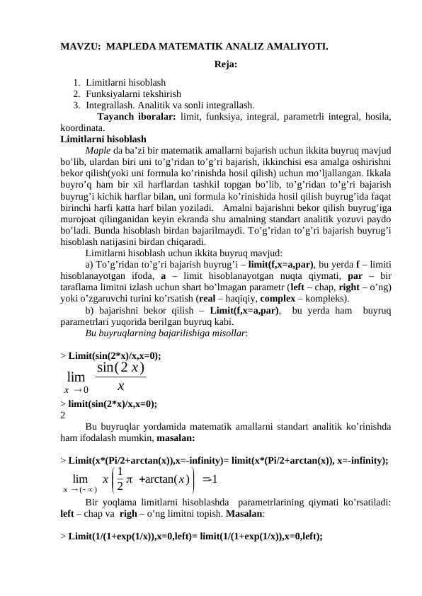 MAPLEDA MATEMATIK ANALIZ AMALIYOTI