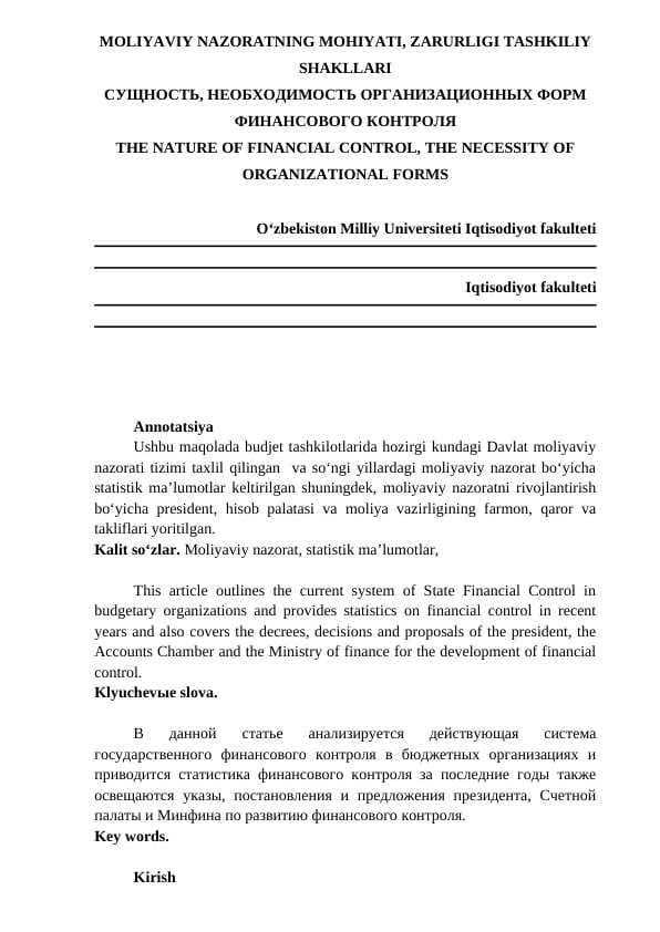 MOLIYAVIY NAZORATNING MOHIYATI, ZARURLIGI TASHKILIY SHAKLLARI