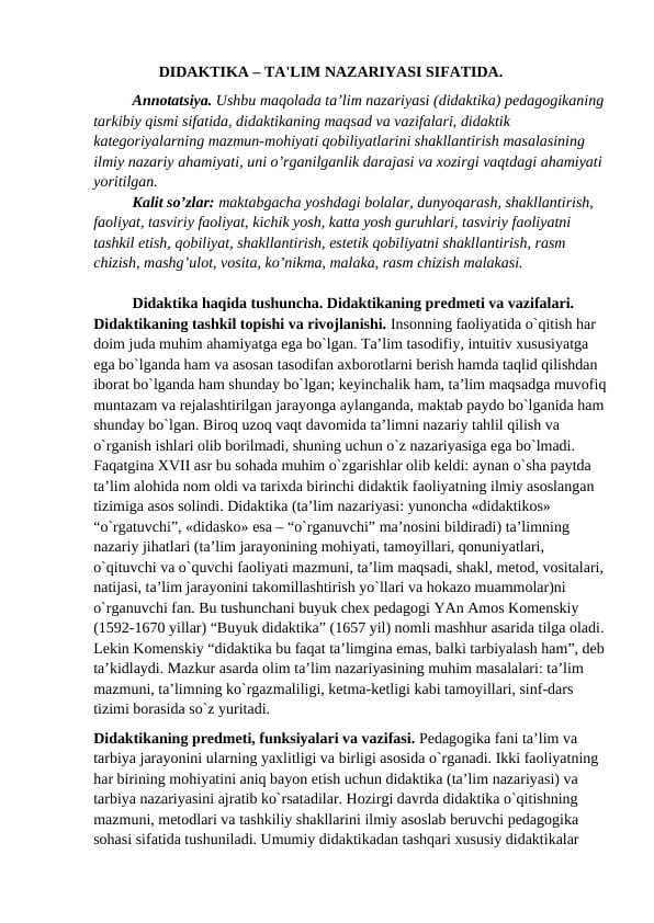 DIDAKTIKA – TA'LIM NAZARIYASI SIFATIDA