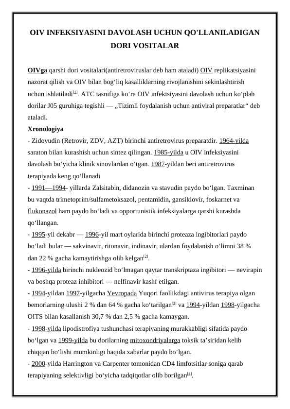 OIV INFEKSIYASINI DAVOLASH UCHUN QO'LLANILADIGAN DORI VOSITALAR