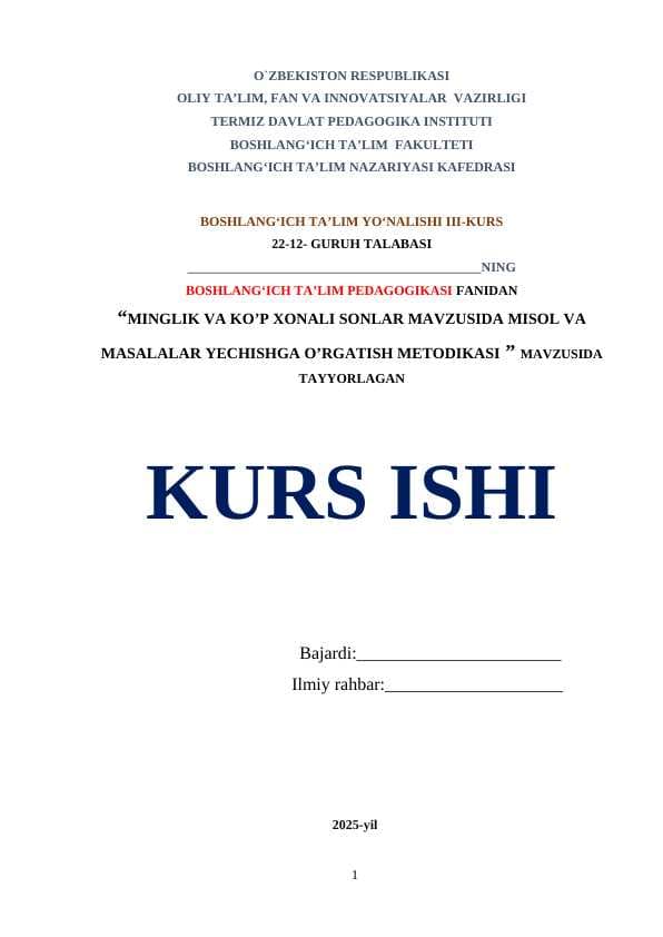 “MINGLIK” MAVZUSIDA MISOL, MASALALAR YECHISHGA O‘RGATISH METODIKASI