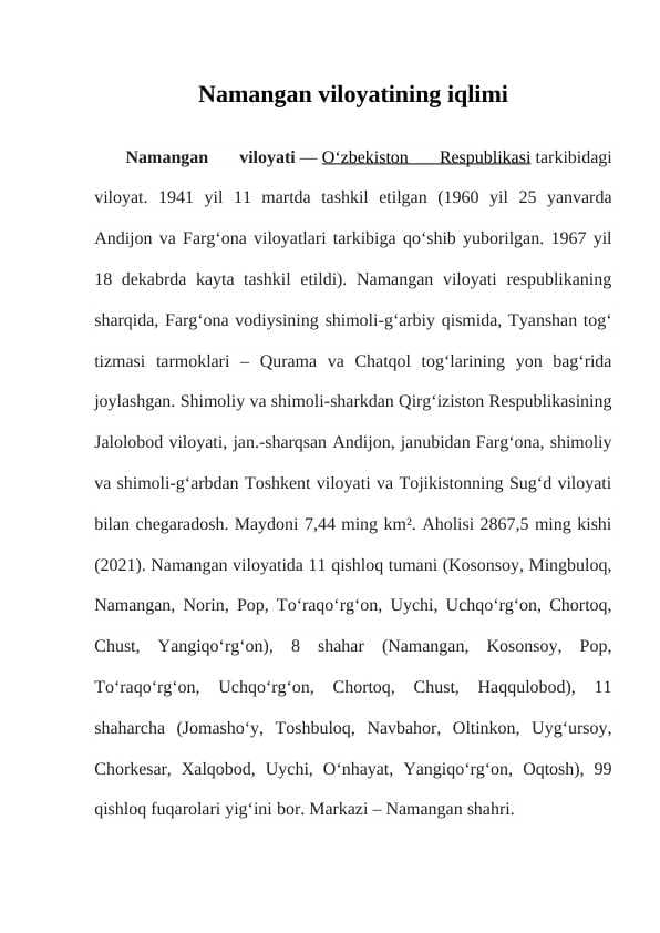 Namangan viloyatining iqlimi