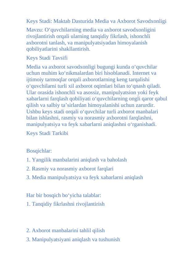 Maktab Dasturida Media va Axborot Savodxonligi