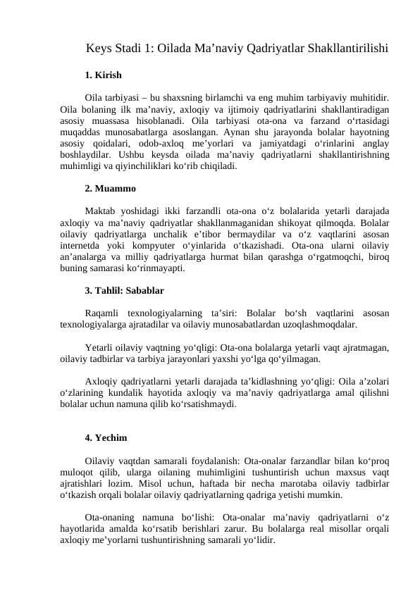 Oilada Ma’naviy Qadriyatlar Shakllantirilishi