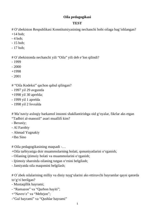 Oila pedagogikasi TEST JAVOBLARI BILAN (200 TA)