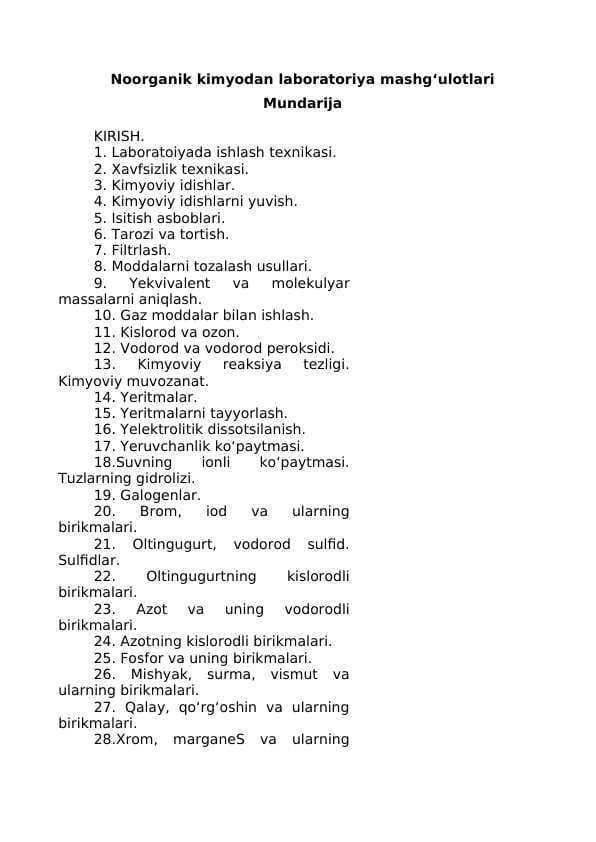 Noorganik kimyodan laboratoriya mashg‘ulotlari