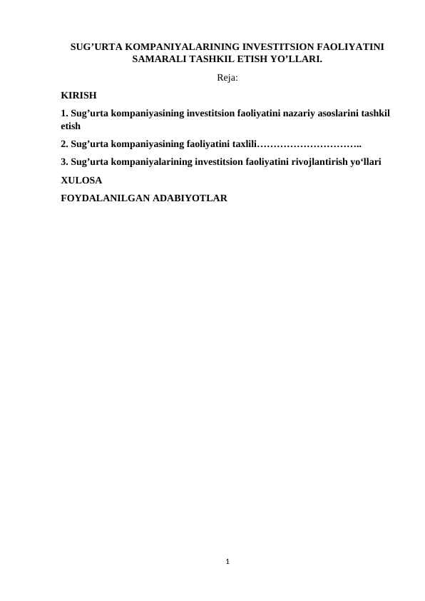 SUG’URTA KOMPANIYALARINING INVESTITSION FAOLIYATINI SAMARALI TASHKIL ETISH YO’LLARI. KURS ISHI