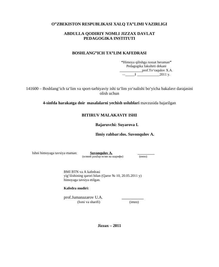 4-sinfda harakatga doir masalalarni yechish uslublari