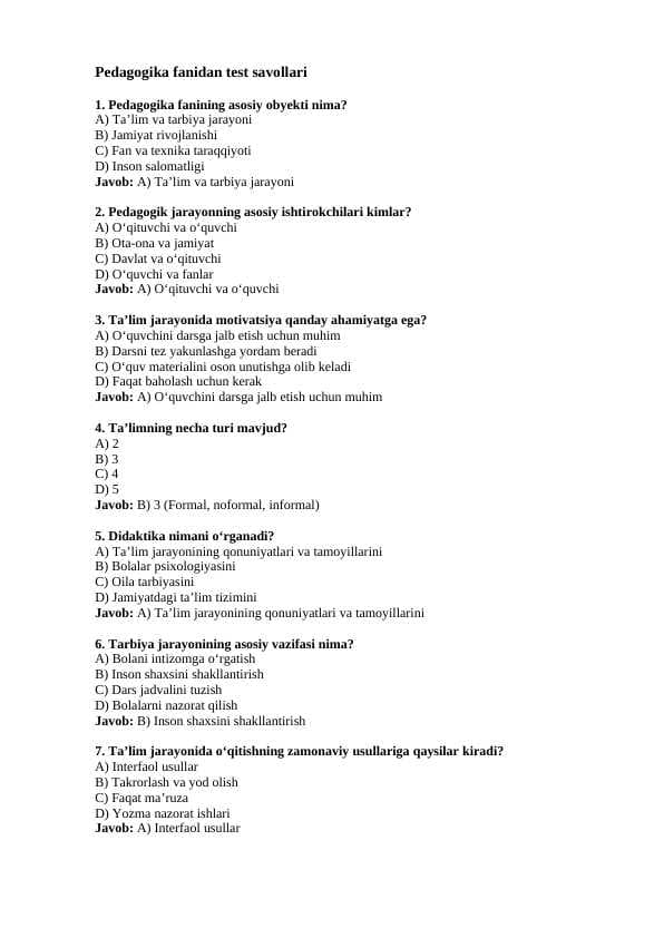 AGROS TEST. PEDAGOGIKA FANIDAN