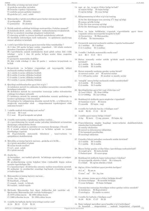 matematika o'qitish metodikasi test