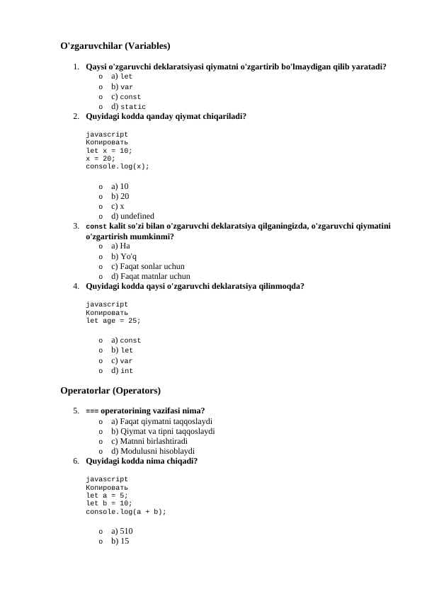 O'zgaruvchilar (Variables) test