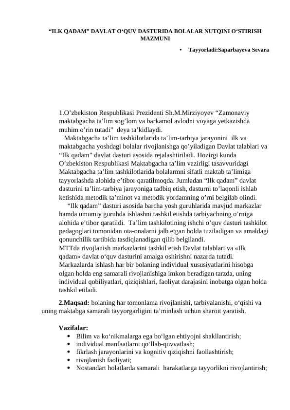 ILK QADAM” DAVLAT O‘QUV DASTURIDA BOLALAR NUTQINI O‘STIRISH MAZMUNI