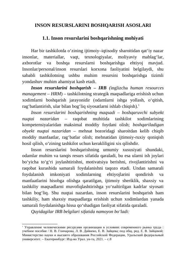 INSON RESURSLARINI BOSHQARISH ASOSLARI