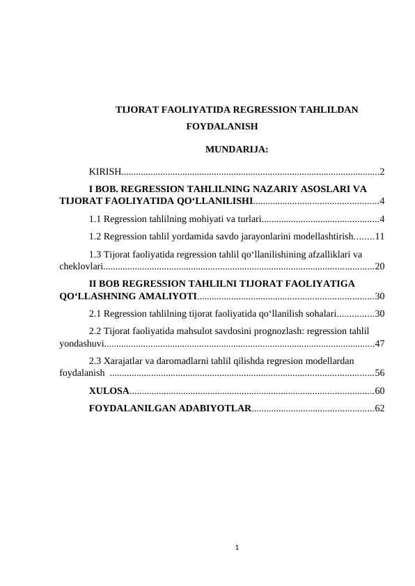 TIJORAT FAOLIYATIDA REGRESSION TAHLILDAN FOYDALANISH