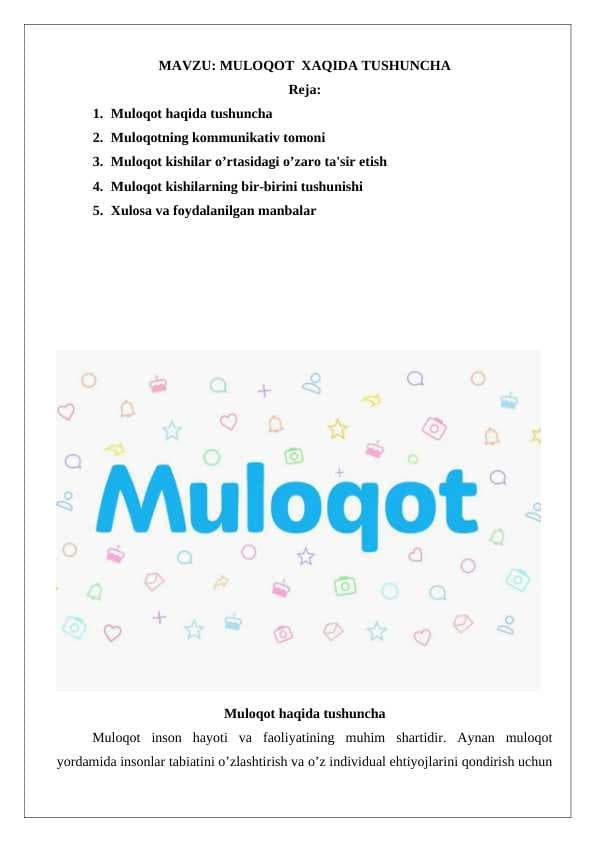 MULOQOT  XAQIDA TUSHUNCHA