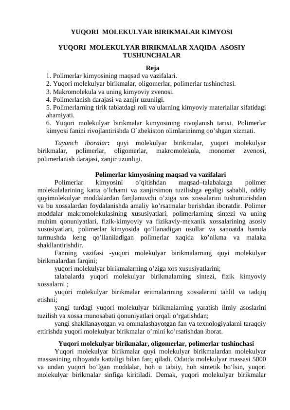 YUQORI MOLEKULYAR BIRIKMALAR KIMYOSI