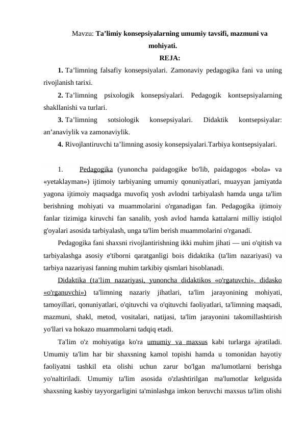 Taʼlimiy konsepsiyalarning umumiy tavsifi, mazmuni va mohiyati