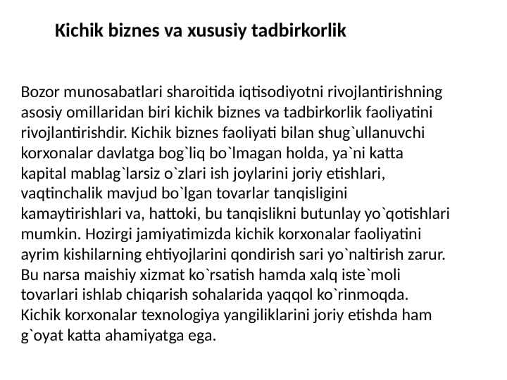 mavzu:kichik biznes va xususiy tadbirkorlik