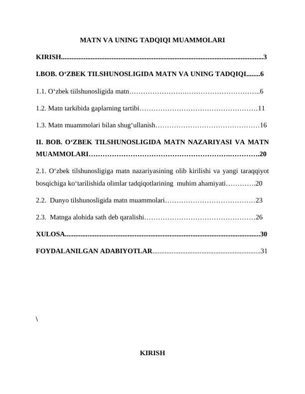 matn tadqiqi va uning muammolari. KURS ISHI