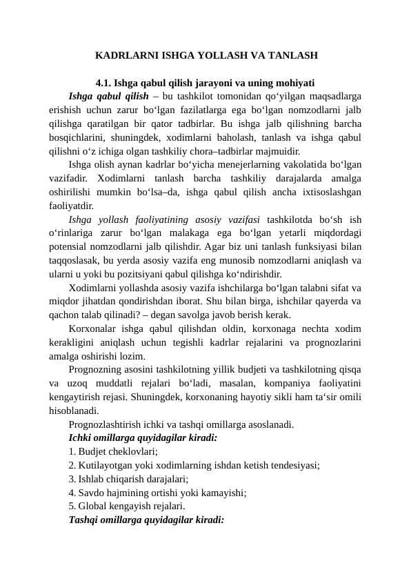 KADRLARNI ISHGA YOLLASH VA TANLASH