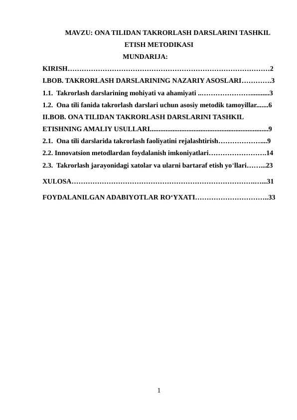 Ona tilidan takrorlash darslarini tashkil etish