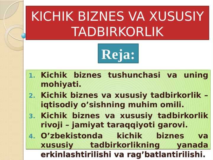 mavzu : kichik biznes va xususiy tadbirkorlik