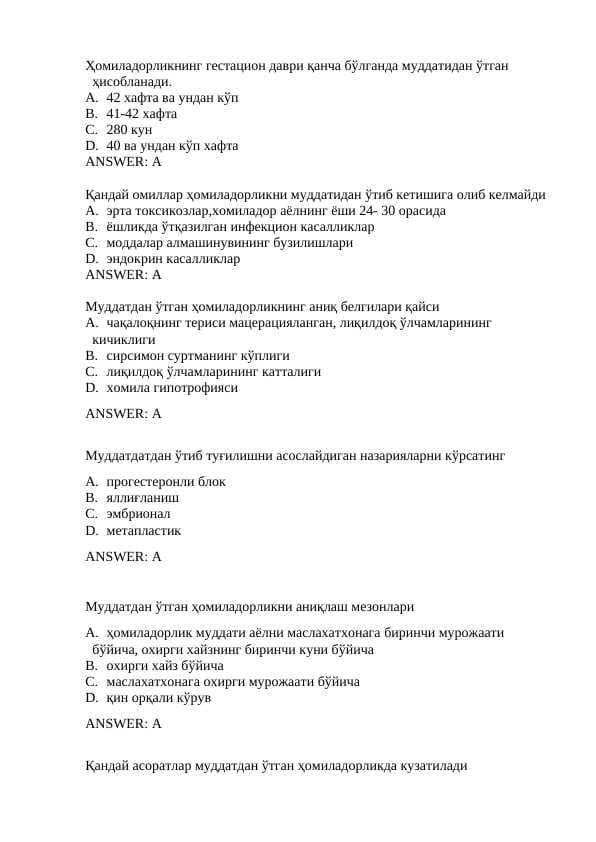 Akusherlik homiladorlik mavzusida testlar