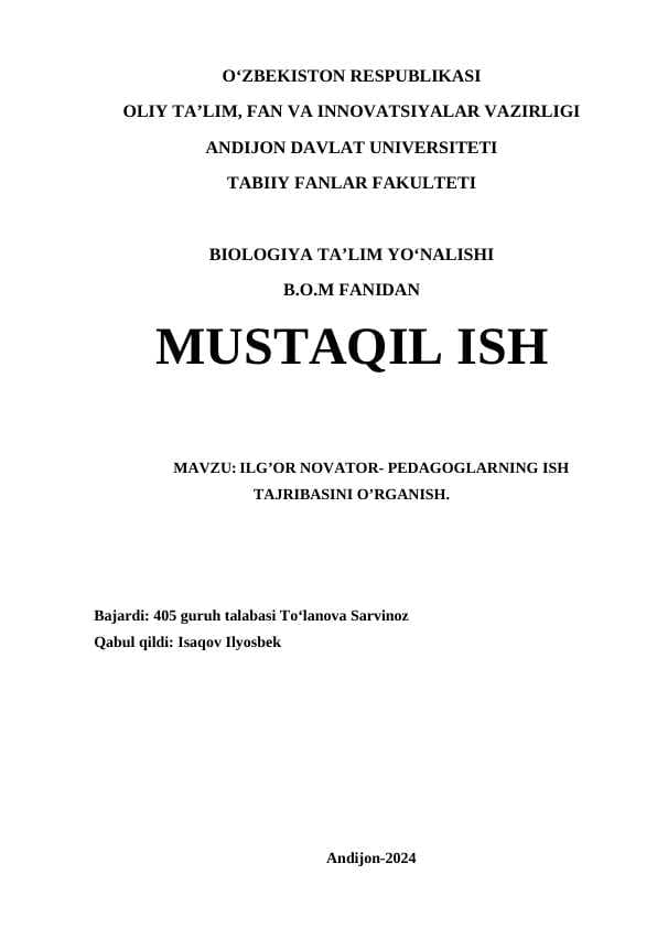 ILG’OR NOVATOR- PEDAGOGLARNING ISH TAJRIBASINI O’RGANISH.
