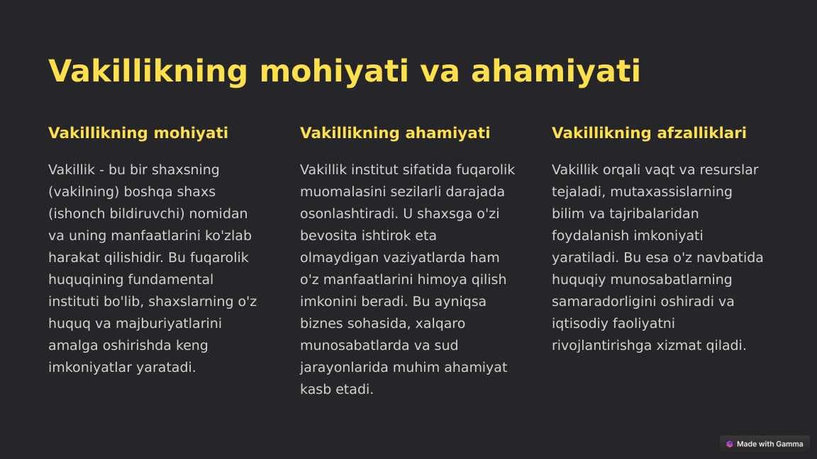 Vakillikning mohiyati va ahamiyati