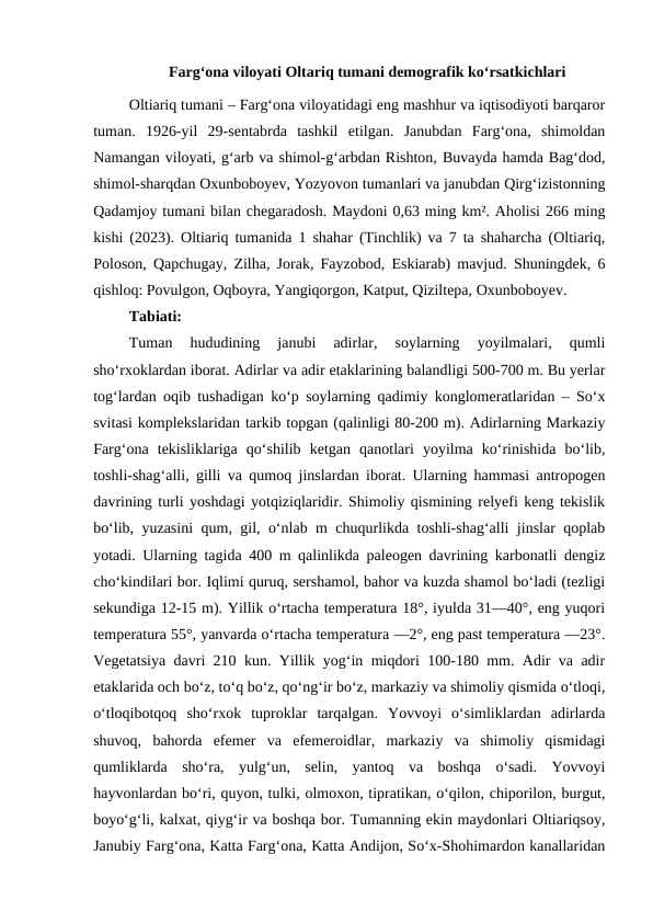 Oltariq tumani demografik ko‘rsatkichlari