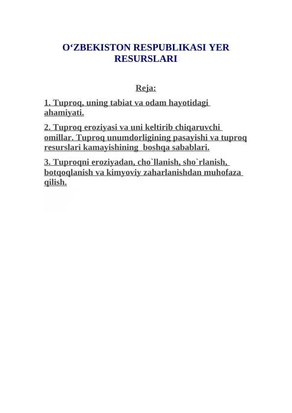 O‘ZBEKISTON RESPUBLIKASI YER RESURSLARI